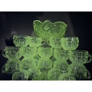 Antique Manganese Glass Punch Bowl Set w/ Stand – 12 Cups – Early 20th Century